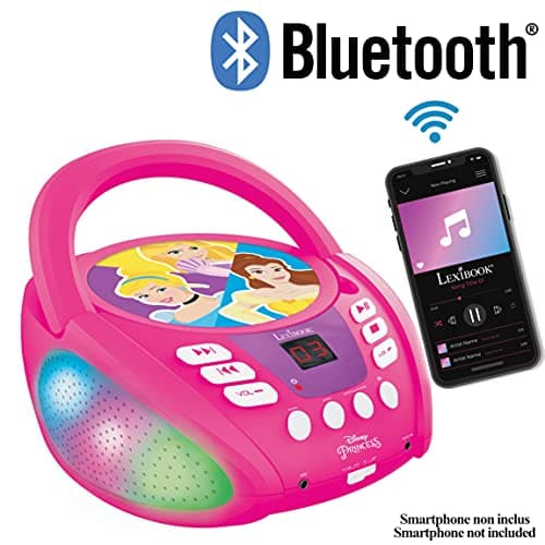 Lexibook - Disney Princesses - Lecteur CD Bluetooth pour Enfants - Portable, Effets Lumineux, Prise Micro, entrée auxiliaire, Batterie ou Secteur, RCD109DP