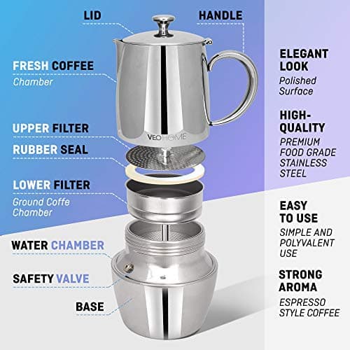 VeoHome Cafetière Italienne inox 6 Tasses 300 ML – Cafetière Moka Induction, Gaz, Céramique Style Expresso – Incassable, Sûre et Lavable au Lave-Vaisselle...