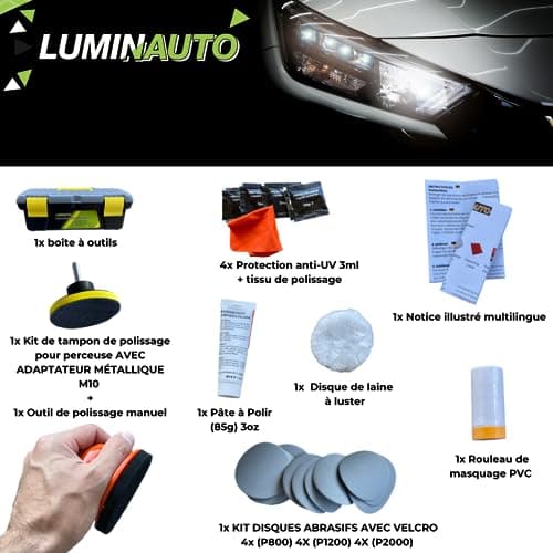 LUMINAUTO kit Renovation Phare Voiture Renovateur Phare Voiture - Kit Polissage Phare Voiture 2-en-1 pour Nettoyage et Restauration de phares pour Auto et Moto