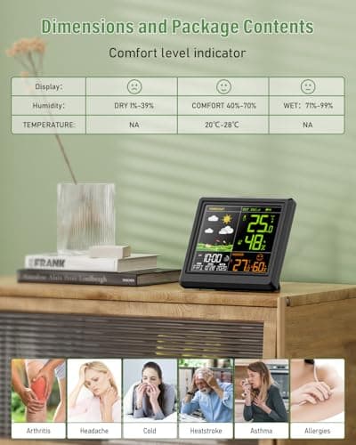 Station Météo Interieur Exterieur Sans Fil | Hygromètre Thermomètre Numérique Intérieur et Extérieur | Avec Horloge Numérique Alarme | Ecran LCD Couleur Rétro-Éclairé | Prévisions Météo | Noir
