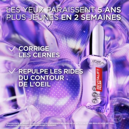 L'Oréal Paris - Sérum Contour des Yeux - Anti-Rides , Anti-Poches & Anti-Cernes - À l'Acide Hyaluronique Pur et à la Caféine - Embout Triple-Bille innovant - Revitalift Filler - 20 ml
