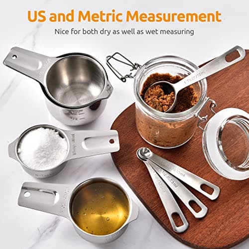 Tasses et Cuillères à Mesurer: U-Taste Ensemble de 15 Cuillères Cups Doseuses en Acier Inoxydable 18/8, 7 Tasses & 7 Cuillères & 1 Tableau de Conversion de Mesure Magnétique (Argent)