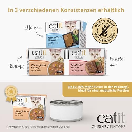Catit Cuisine Pâtée pour Chats, Ragoût à la Viande de Bœuf et aux Légumes, Complément Alimentaire, 95 g, sans Céréales, Haute Teneur en Viande