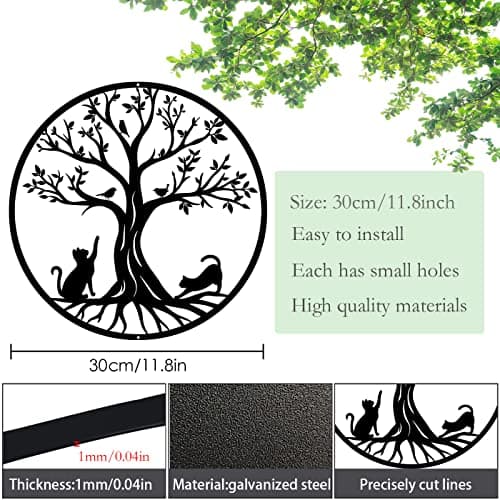 Pduoduo Arbre de vie en métal -Décoration Murale en Métal avec des Chats,Noir Tenture Décor Silhouette Mur Art pour Cadeau Intérieur Cadeau Extérieur Jardin Maison Décoration,30cm