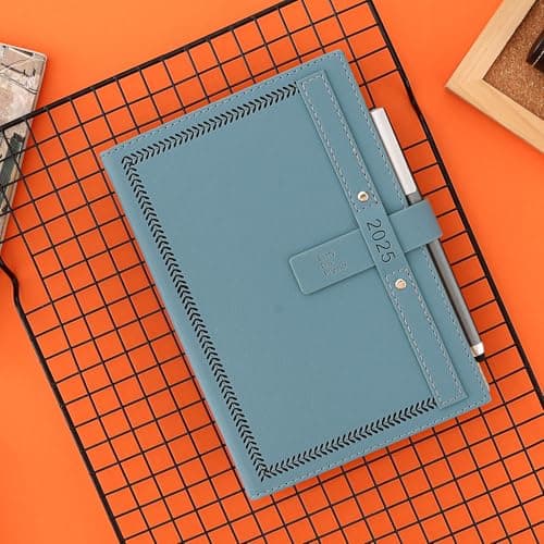 Agenda 2025 annuel complet une page par jour de janvier 2025 à décembre 2025 - Agenda journalier mensuel avec calendrier, stylo, porte-stylo, onglets mensuels et poche intérieure - Bleu - Format A5