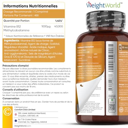 Vitamine B12 Méthylcobalamine 1000mcg - 400 Comprimés À Croquer Goût Citron Forte Dose - Vitamine B12 Vegan Pure Pour Fatigue, Immunité, Métabolisme, Système Nerveux (EFSA) - B12 Vitamine Adulte