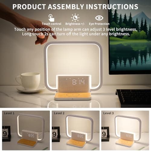 RETEYUNG Lampe de Chevet avec Chargeur Sans Fil 10w, 2 Réveils, Lumière De réVeil, 10 Sons Apaisants, Variateur Tactile, Réveil Lever de Soleil, Lampes de Chevet 3 Niveaux de Luminosité