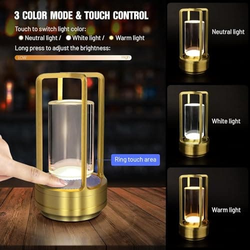Lampe de Table LED sans Fil, USB Rechargeable Lampe de Bureau avec Batterie 2600mAh, Lampe de Chevet Tactile, Lampe Cristal, Lampe De Table LED Dimmable pour Chevet, Camping, Interieur, Exterieur, Or