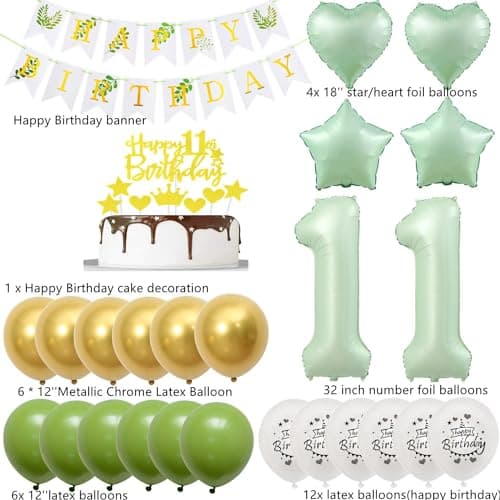 Vert ballons 11 ans anniversaire fille garcon décoration anniversaire 11 ans fille ballon, or vert ballon décoration 11 ans fille anniversaire ballon décoration gâteau 11 ans anniversaire déco