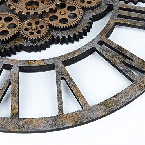 Lafocuse Horloge Murale Geante avec Engrenages Mobiles, Marron Industrielle Bois, Steampunk XXL Vintage Pendule Murale Retro, Chiffres Romains 57cm pour Salon Bar Bureau
