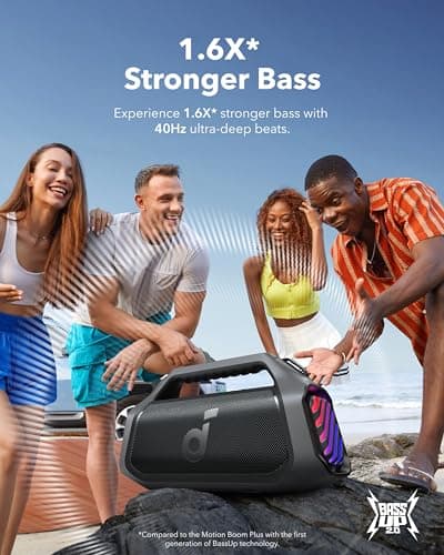 Soundcore Boom 2 Plus Enceinte Bluetooth puissante, 140W, 2+2 canaux stéréo, BassUp 2.0,Charge Rapide 30W, 20h, IPX7, lumières RGB, USB-C, pour l'extérieur, Le Camping, la Plage et Le Jardin