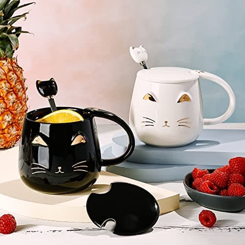 SHENDONG Tasse chat blanc Jolie tasse à café en céramique avec couvercle et cuillère Kawaii Nouveauté Morning Cup Tasses à café- Animaux 3D Tasses de chat pour les amoureux des chats Femmes Cadeaux