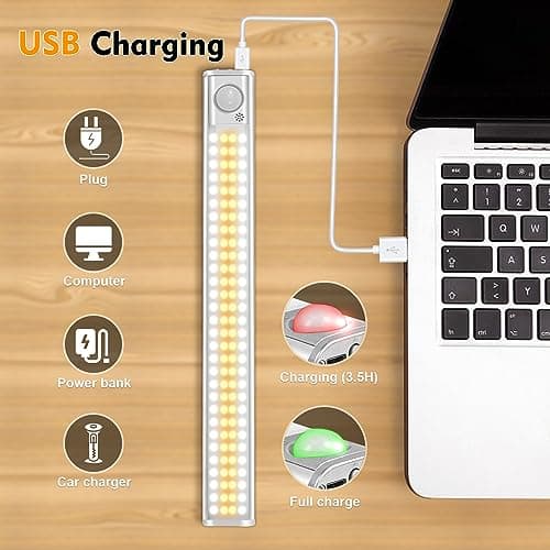 DFGOTOP Reglette 120 Led Cuisine Rechargeable USB, 30CM Lampe de Placard Led Detecteur Mouvement, Eclairage Bande Armoire sous Meuble Sans Fil, Lumiere 3 Couleurs 4 Modes