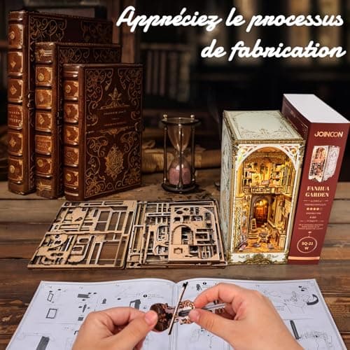 BuzzoXerex DIY Book Nook, Miniatures Nook avec Housse de Protection, Miniatur Haus Selber Bauen avec Lampes LED, Maquette en Bois a Construire avec Meublé (Bibliothèque du Palais)