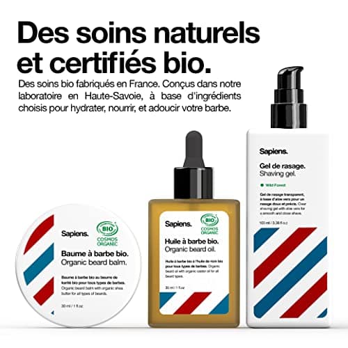 Kit de Rasage et Soins Barbe Bio Sapiens - Coffret Barbe Homme avec Soins barbe Made in France - Gel à raser, Huile Barbe Bio, Baume Barbe Bio, Rasoir Coupe Choux, Accessoires, Trousse de Toilette