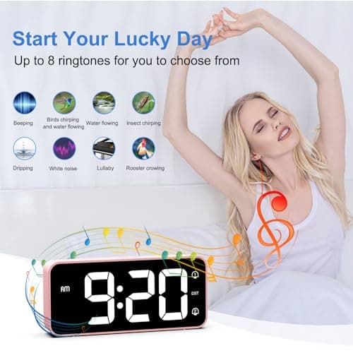 LATEC Réveil Numérique, Réveil LED avec Adaptateur, 0-100% Luminosité et Volume Réglable, 5,8" Grand écran Horloges avec 2 Alarmes, Fonction Snooze, 12/24H pour Bureau de Chambre(Rose)