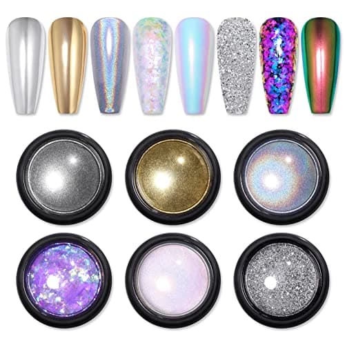 6 BoîTe Poudre Ongles, BORN PRETTY Holographie Perles Chrome Ongle Nail Art Poudre Effet Miroir MéTallique Brillant Nail Powders Chromé Pigment Avec Paillettes Pou La DéCoration D'Art D'Ongle