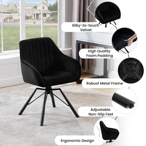 WOLTU Chaise Salle à Manger Pivotante, Chaise Scandinave, Chaise de Cuisine, Chaise Ergonomique, avec Dossier et Accoudoirs, Pieds en Métal, en Velours, Noir, EZS12sz-1