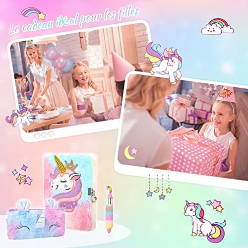 Anyfirst Licorne Journal Intime Fille en Peluche avec Clé et Cadenas, Set de A5 Carnet Secret Fille Comprend Trousses à Crayons, Journal Intime comme Cadeau Licorne Fille 5-12 Ans, Multicolore