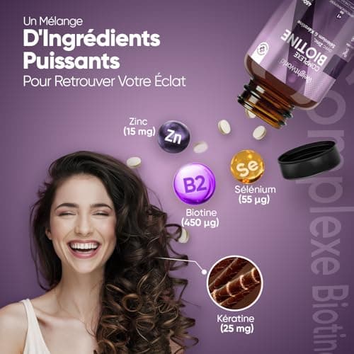 Biotine Avec Kératine, Sélénium et Zinc Complement Alimentaire - 400 Comprimés Végans Pour +1 An - Pour La Croissance Des Cheveux, Ongles et la Barbe - D-Biotine Avec Kératine Pour Femmes et Hommes