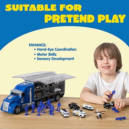 JOYIN Ensemble de Jouets de Camion de moulé sous Pression 25 en 1, Ensemble de véhicules de Jeu dans Un Camion Porteur, Cadeaux d'anniversaire pour Enfants (Voitures de Police)