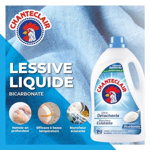 Chanteclair - Lessive Liquide Concentrées Bicarbonate, Spécialement Conçue pour le Linge Blanc, Ultra Détachantes et Efficaces aussi à Froid, 40 lavages - 8x 1800 ml