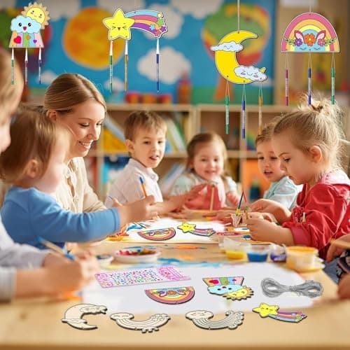 lriattp Bricolage Carillon à Vent, Bois à Peindre Décoration Suspendue DIY Activité Manuelle Anniversaire pour Enfants Loisirs Créatifs Cadeau Anniversaire Fête (Arc-en-ciel)