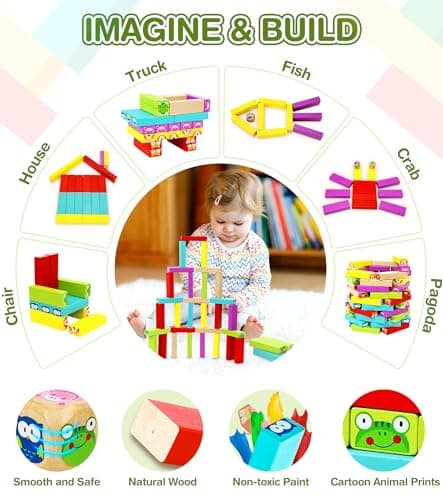 COOJOMMY Empilables Tour en Bois Jouet Enfant 3 Ans | Anniversaire Cadeau Enfants 3 4 5 6 Ans+ | Jeux de Société Adulte Famille | Jeux Educatif 3 à 9 Ans