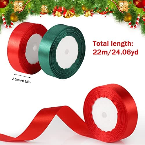 3 Rouleaux Ruban Satin, 2,5cm x 22m Ruban Satin Rouge, Or et Vert Foncé, Ruban Tissu Couleur pour Emballage Cadeau Noël Bouquet de Mariage Anniversaire Artisanat