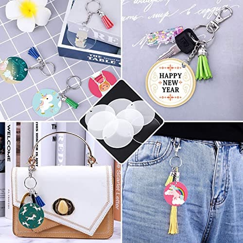 120 pièces Transparent Ronde Porte-clés, acrylique blancs ronds porte-clés, Transparents Porte-Clés Cercle, acrylique blancs porte-clés, Disques Porte-clés Kit pour DIY Porte-Clés Bijoux Accessoires