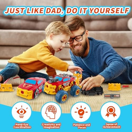 Pup Go Voiture 3-en-1 Démontable pour Garçons avec Perceuse Électrique, 46 Pièces Camion de Construction, Construisez Votre Voiture avec Outils, Idéal Cadeau STEM pour Enfants de 3 à 8 Ans (Rouge)