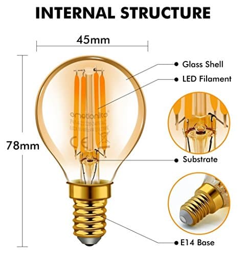 Emotionlite E14 LED Ampoules, Ampoules à incandescence à LED, 4W (Equivalent 40W), E14 Candélabre, Ambre Glow, 2200K, Paquet de 6 (P45 2200K)