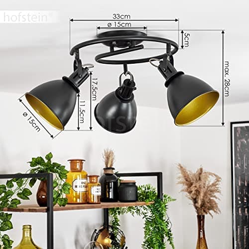 hofstein Plafonnier Koppom en métal noir et or, luminaire rond de plafond à 3 spots orientables pour ampoules E14, ampoule(s) non incluse(s)