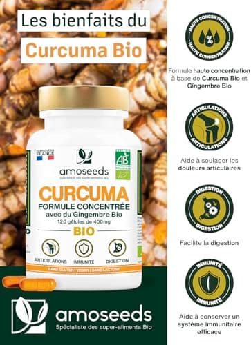 Curcuma BIO Haute Concentration | Avec Gingembre Bio | Curcumine Haute Absorption | Sans Pipérine | Articulations | 120 Gélules | Qualité Supérieure