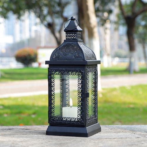 TRIROCKS Lanterne à bougie en métal de style rustique de 33 cm de haut avec verre trempé pour Noël, salon, jardin, terrasse, fêtes, intérieur et extérieur (noir)