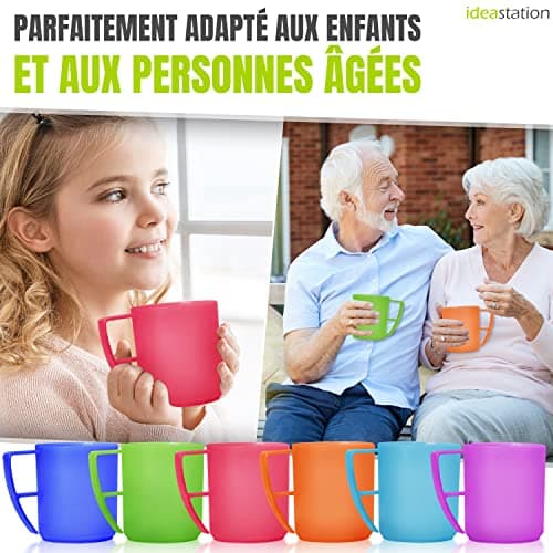 idea-station Neo tasse en plastique 6 x 350 ml - coloré - ensemble de tasses incassables pour enfants et personnes âgées - tasse de camping idéale avec poignée