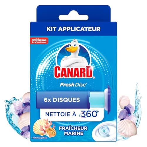 Canard WC Fresh Disc Fraîcheur Marine - Bloc WC Sans Cage Nettoyant - Nettoie à 360° - Nouvel Emballage 100% Carton - 1 Applicateur + 1 Recharge