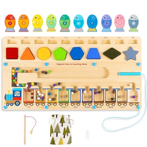 3-1 Jouets Montessori Multifonctionnel pour Enfants 2 3 4 5 Ans, Labyrinthe Magnétique de Couleur Nombre & Jeu de Pêche , Plateau d'Activités en Bois pour Garçons Filles, Cadeau Anniversaire Noël
