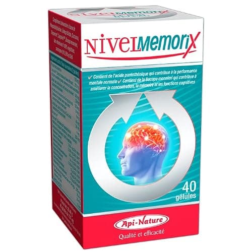 Nivelmemorix 40 Gelules | Nootropique pour la mémoire et la concentration | Avec Ginkgo Biloba, Phosphatidylsérine, Bacopa Monnieri, Sauge et Vitamines du groupe B | 40 Gélules Végétales Api-Nature