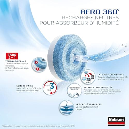 Rubson AERO 360° Recharges en tabs neutres pour absorbeur d'humidité, recharges pour déshumidificateurs ultra absorbantes et anti odeur, 4 x 450 g - Packaging renforcé pour un envoi en toute sécurité