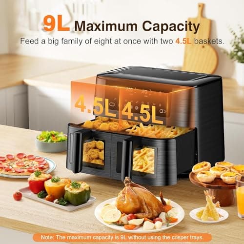 9L Dual Zone Air Fryer avec Fenêtre de Visualisation, Friteuse sans Huile avec 2 Tiroir, 9-in-1 Programmes de Cuisson, Écran Tactile, Fonction Rendez-vous, Faible en Grasses, Va au Lave-vaisselle