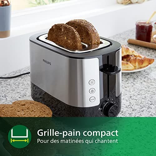 Philips Grille-pain - 2 Fentes, 7 Réglages, Réchauffe-Viennoiseries, Décongélation, Surélévation, Arrêt Automatique, Noir (HD2637/90)