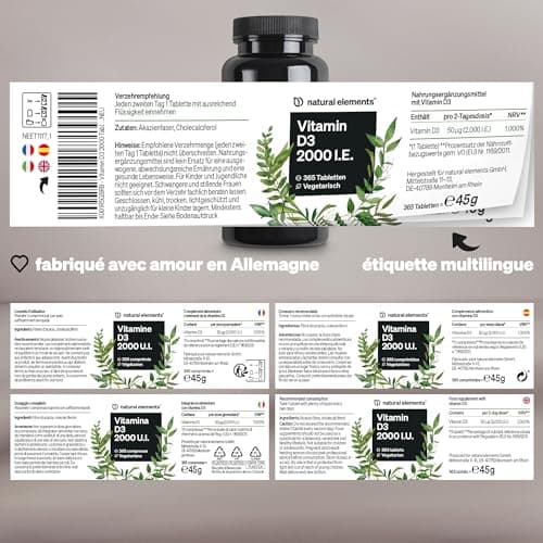 Vitamine D3 2000 U.I. – 365 comprimés – pour les os et le système immunitaire – Vitamine D – hautement dosé, sans additifs inutiles – produit et contrôlé en laboratoire en Allemagne