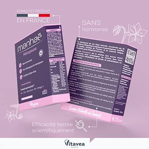 Vitavea Manhaé - Complément Alimentaire Ménopause et Pré-Ménopause Sans Hormones - pour Confort & bien-être - Acide Folique, Omega 3,Zinc,Fer - 30 gélules - Cure de 1 mois - Fabriqué en France