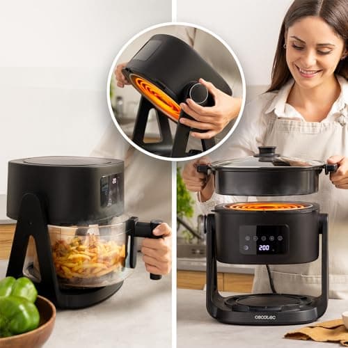 Cecotec Friteuse à Air sans Huile de 4,5 L Air Fryer Cecofry Flip&Grill 4500. 1500 W, 3 en 1 : Friteuse, Gril et Marmite, 6 Menus, Cuve en Verre, Température et Temps Réglables, Accessoires