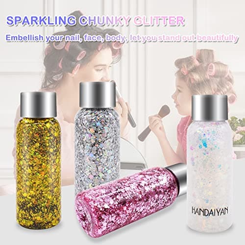 6 Bottle Paillettes Visage,Glitter Body Gel, Maquillage,Pour Corps, Mermaid Sequins Body Glitter,pour Festival Fête Noël Pâques Décoration (Blanc/Or/Argent/Rose/Vert/Violet)