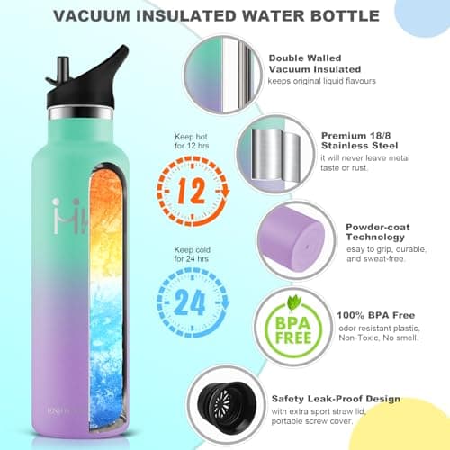 HoneyHolly Bouteille Isotherme 1000ml, Gourde INOX avec Paille, Bouteille d'eau sans BPA, Réutilisable, Anti-Fuite, Isolation sous Vide en Acier Inoxydable à Double Paroi, Gourde Isotherme