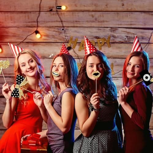 30PCS Photobooth Anniversaire Accessoire de Photobooth de Fête Accessoire Photobooth Mariage Accessoire de Photobooth Anniversaire Mélange de Chapeaux Rouge à Lèvres Cravate Couronnes (Doré)