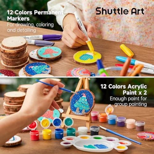 Shuttle Art Kit Rondin de Bois Deco, 70 Pièces Tranches de Bois Naturel 7-8cm, Cercles en Bois Inachevé Pré-percé avec Trou et Accessoires, Craft Wood Kit pour Decoration Noël