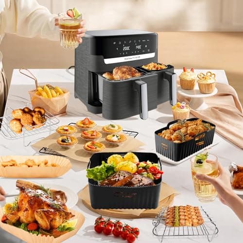 YINGRACE Dual Air Fryer Accessoires pour Moulinex EY9018 5,2/3,1 L, Cecotec Cecofry DuoSize 9L 5,5/3,5L, Deux tailles Dual tiroirs, 6PCS avec moule en silicone, grille, papier sulfurisé pour Airfryer